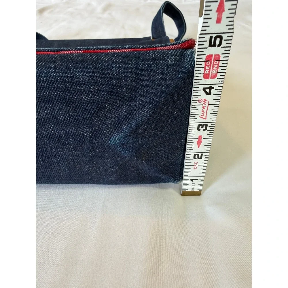 Vintage Denim Strawberry Embroidered Tote Bag 70s 80s Gingham Lining Wood Handle